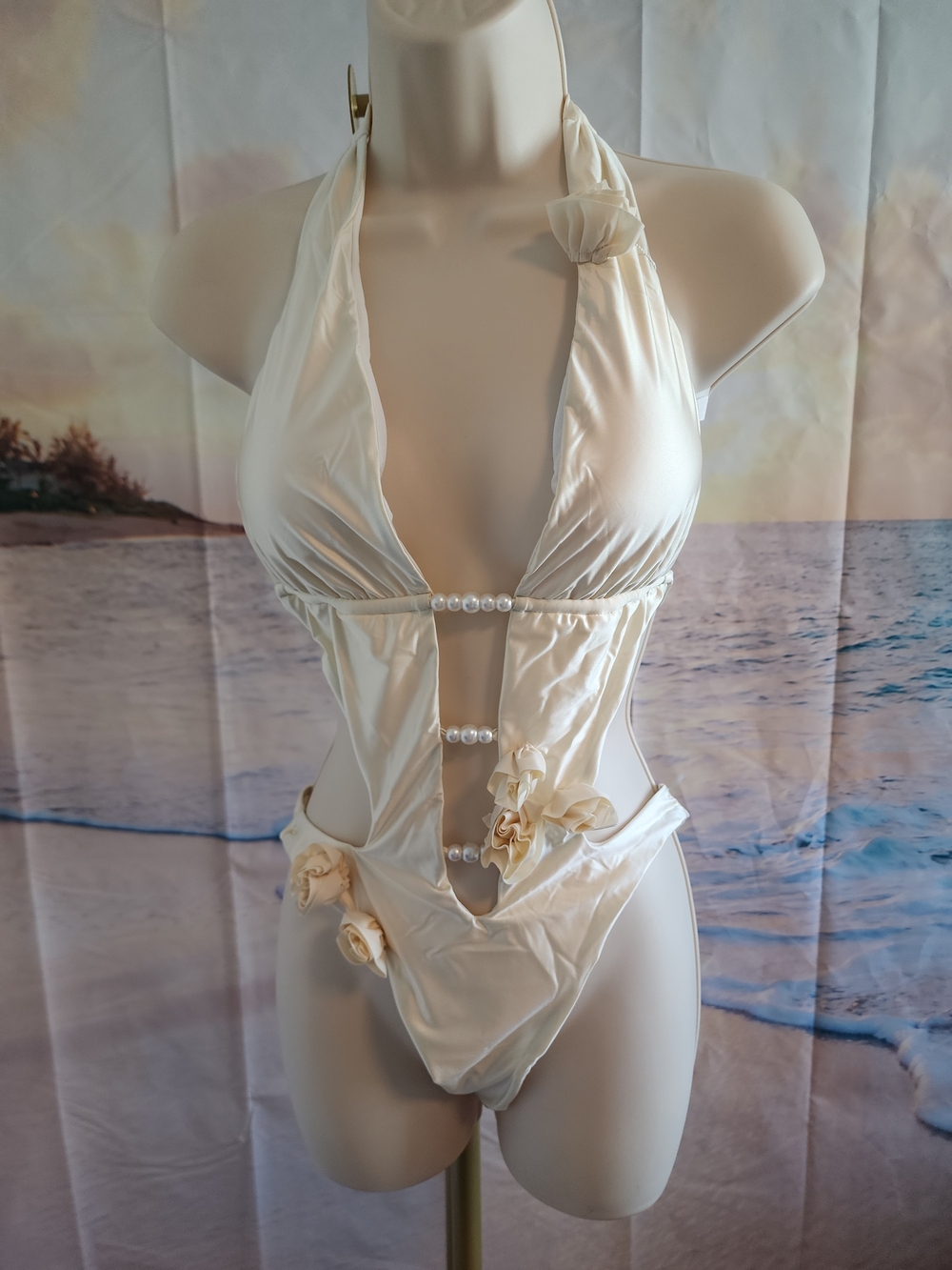 ENDLESS MOON Ivory Floral Pearl-Trim Halter One-Piece BATHING SUIT